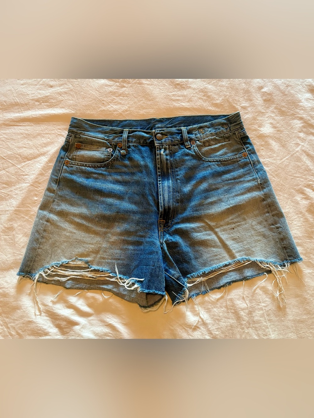 R13 Distressed Blue Denim Cutoff Shorts